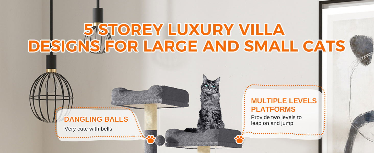 Katten Krabpaal 158 cm – Grote Kattenboom met 2 Huisjes, 2 Hangmatten & 7 Sisal Krabpalen – Luxe Klimtoren voor Binnenkatten