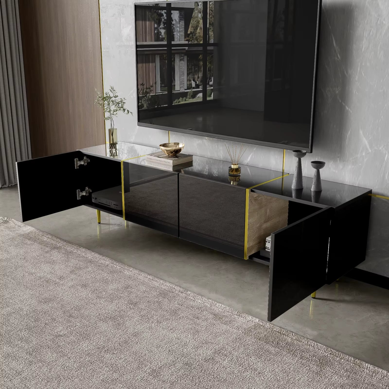 Black high-gloss 4-door TV wardrobe, modern and simple, black and gold color combination