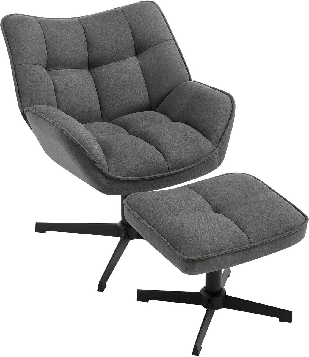 Linnen Fauteuil met Voetenbank – 360° Draaibare Loungefauteuil (Grijs)