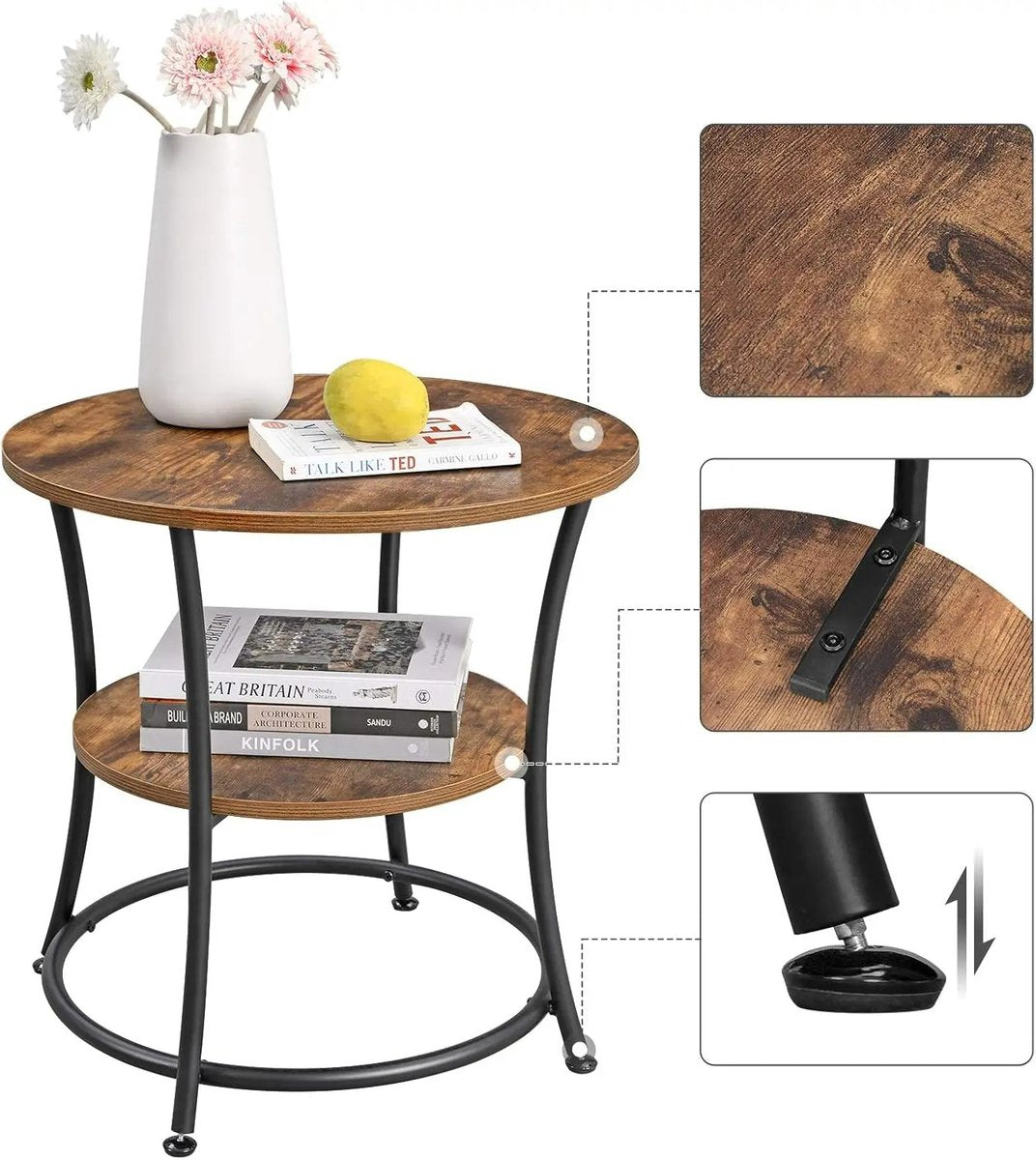 Industriële Bijzettafel – Rond Tafeltje met Stalen Frame (Ø55 cm)