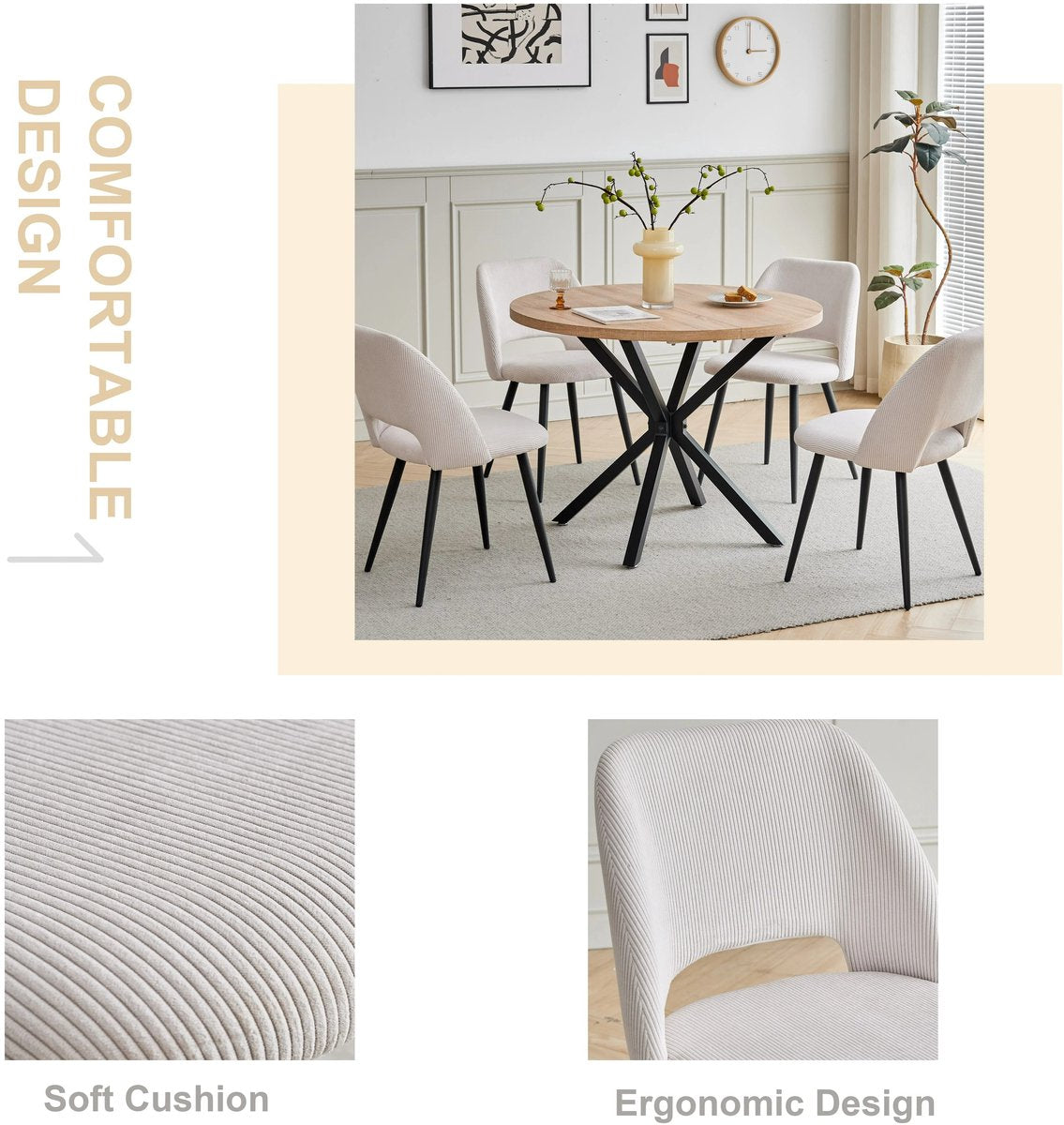 Set van 4 Corduroy Eetkamerstoelen – Beige Gestoffeerde Stoelen met Ergonomisch Comfort