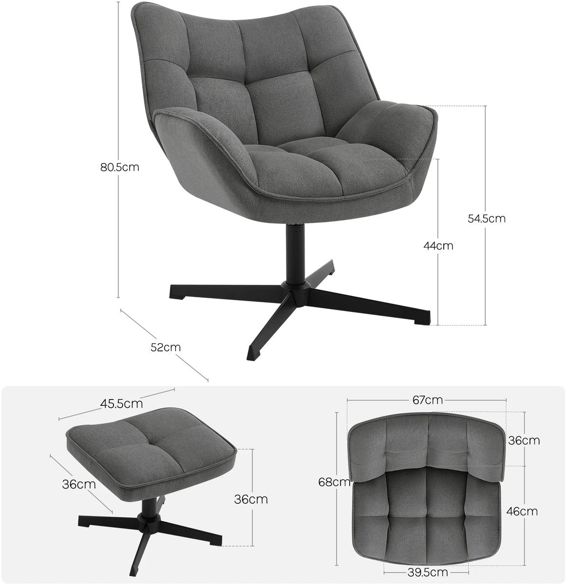 Linnen Fauteuil met Voetenbank – 360° Draaibare Loungefauteuil (Grijs)