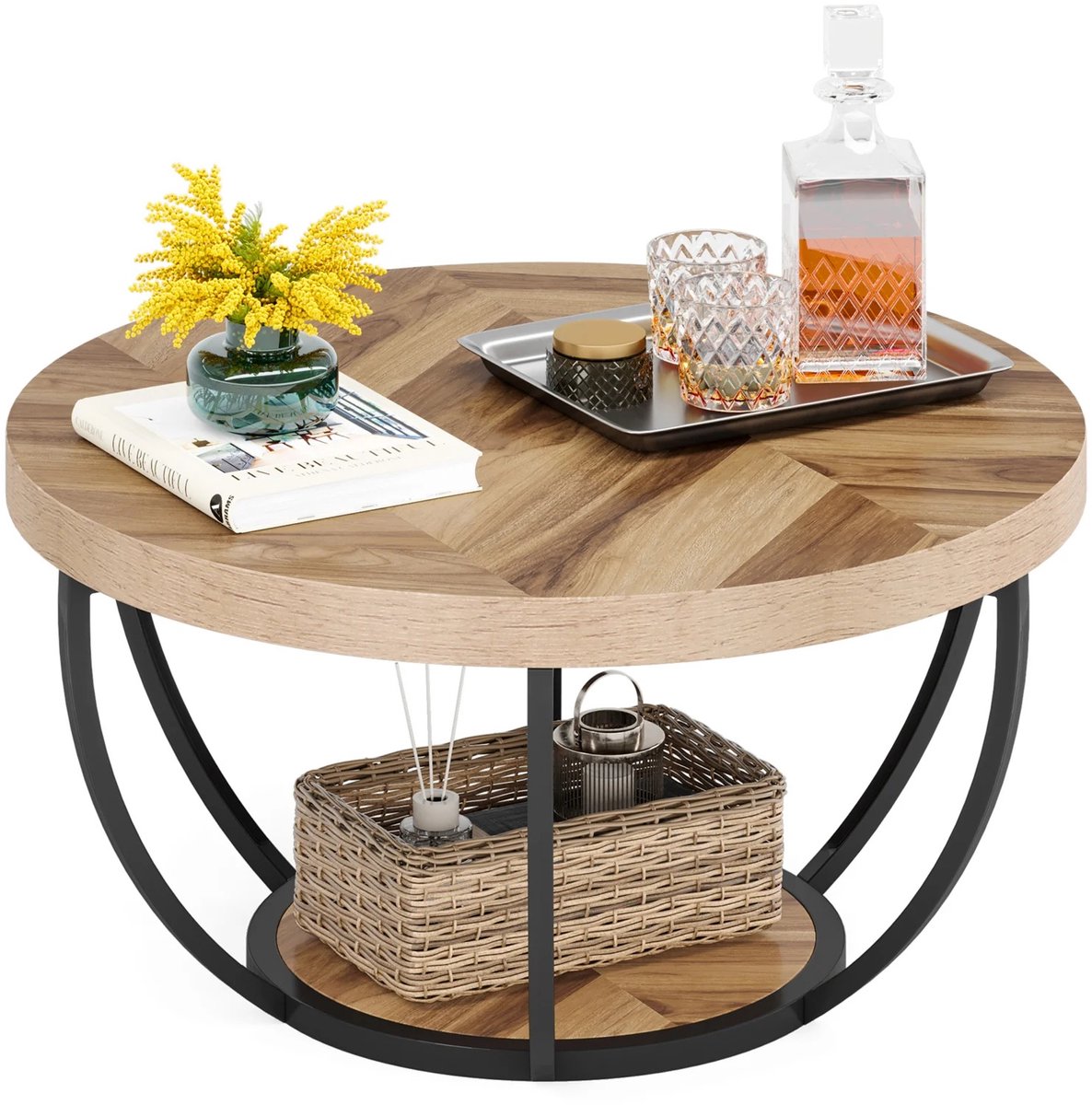 Ronde Industriële Salontafel – Hout & Metaal – 2-laags Opbergtable (80×44 cm)