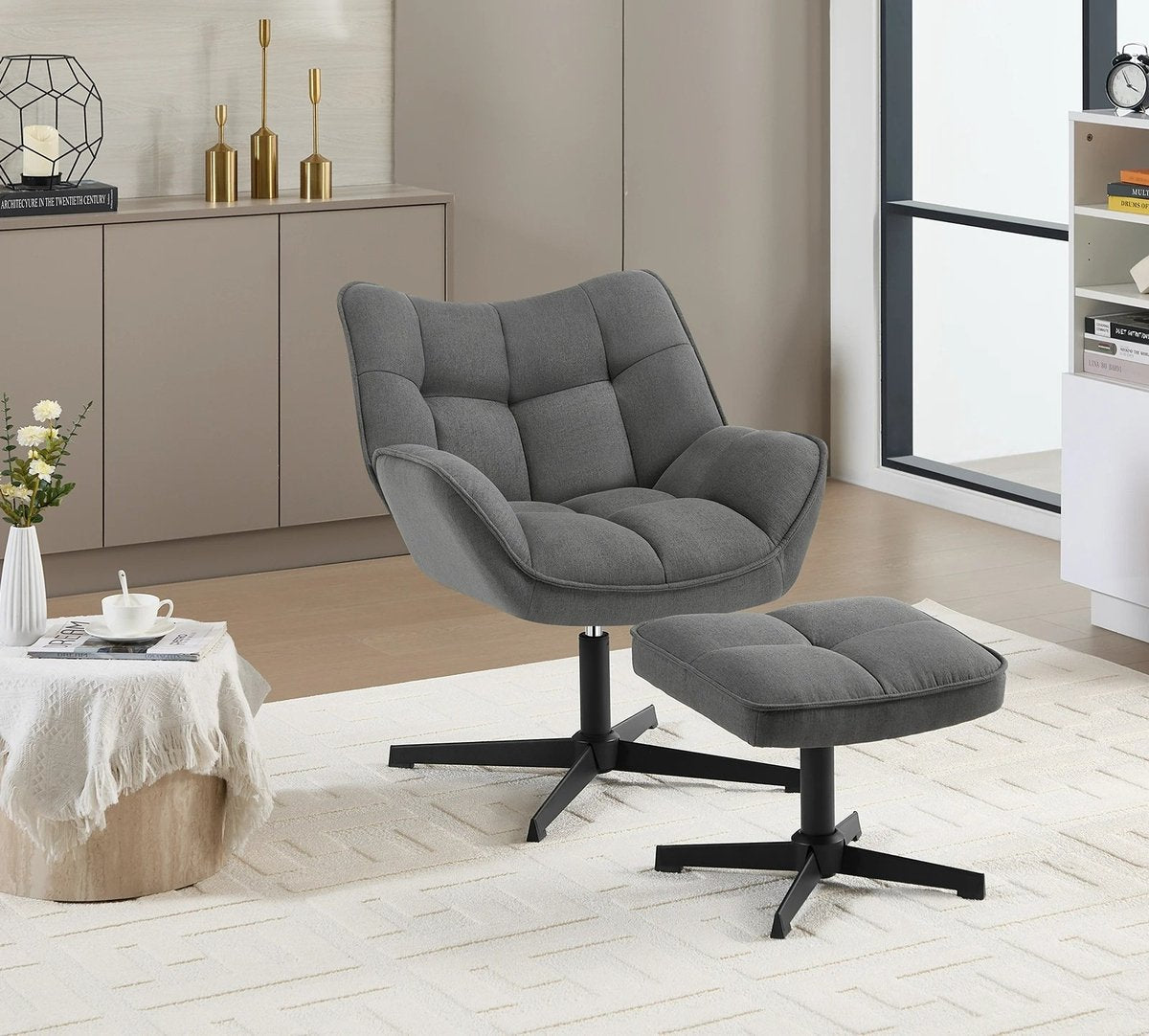Linnen Fauteuil met Voetenbank – 360° Draaibare Loungefauteuil (Grijs)