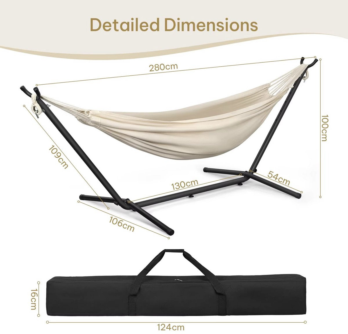 Hangmat met Standaard 280x106x100 cm – Metalen Frame – Inclusief Draagtas – Belastbaar tot 250 kg – Voor Binnen & Buiten