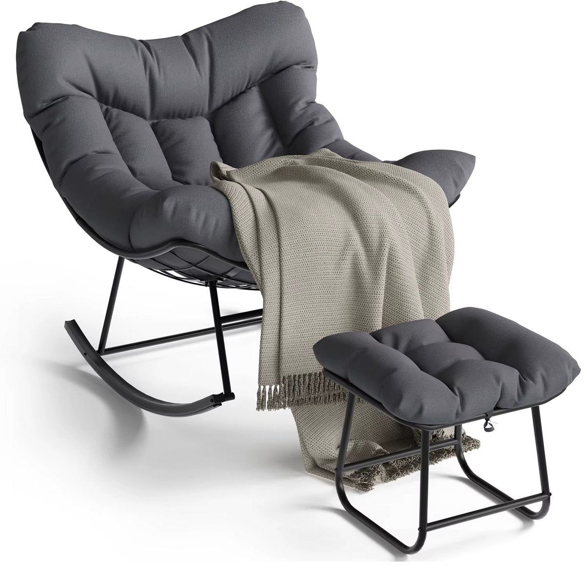 Papasan Schommelstoel voor Buiten met Kussen – Grote Rotan Loungestoel met Metalen Frame voor Tuin, Balkon & Veranda