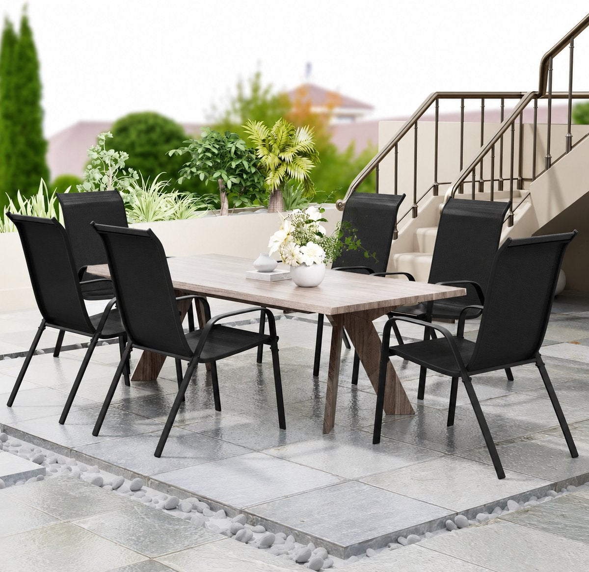 Set van 6 Stapelbare Tuinstoelen – Weerbestendige Terrasstoelen met Hoge Rugleuning – Metalen Tuinstoelen tot 150 kg