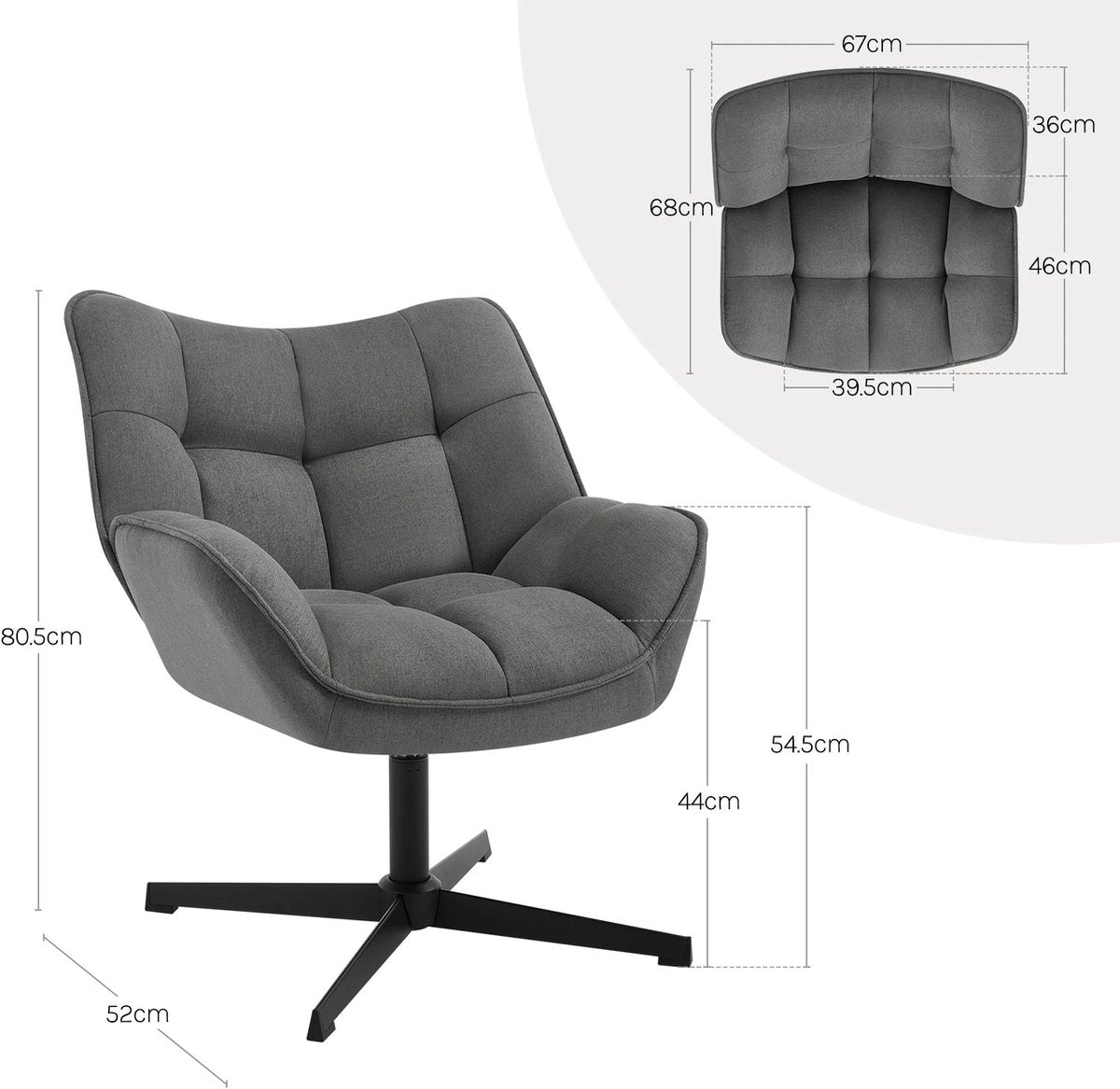 Linnen Fauteuil met Voetenbank – 360° Draaibare Loungefauteuil (Grijs)