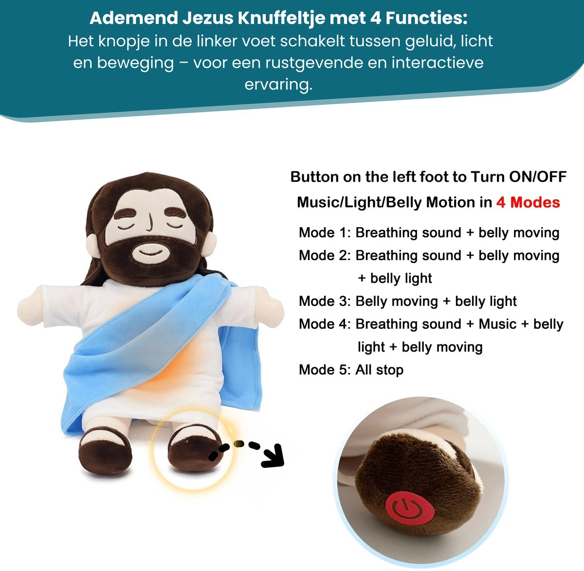 Jezus Pluche Knuffel met Lichtgevend & Ademend Hart – Voor Kinderen