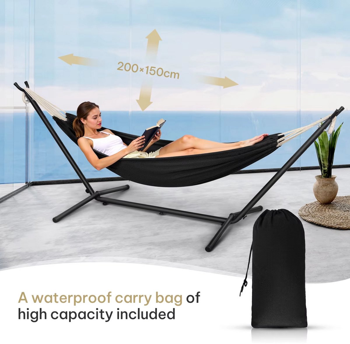 Hangmat met Standaard 280x106x100 cm – Metalen Frame – Inclusief Draagtas – Belastbaar tot 250 kg – Voor Binnen & Buiten