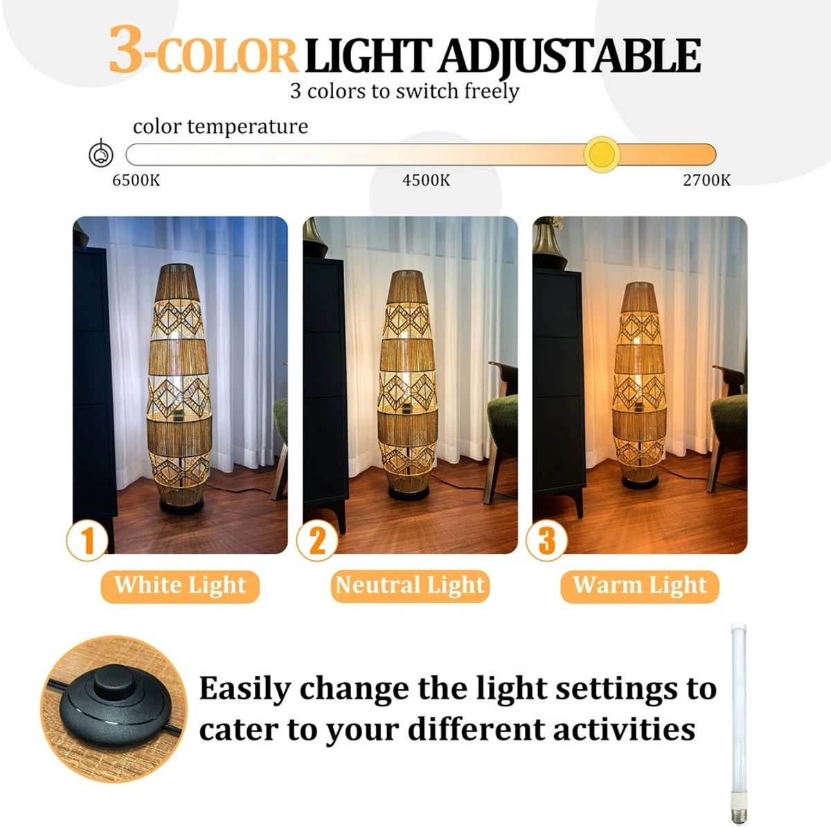 Whoopr Boho Rotan Vloerlamp – Handgeweven LED Staande Lamp