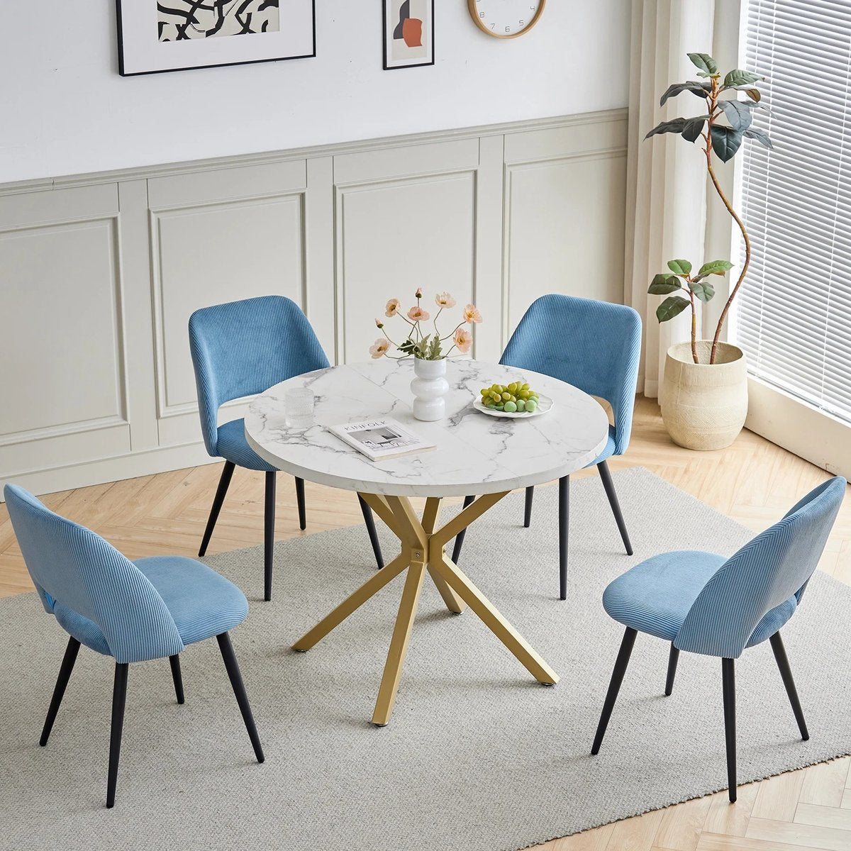 Set van 4 Corduroy Eetkamerstoelen – Blauwe Gestoffeerde Stoelen met Ergonomisch Comfort