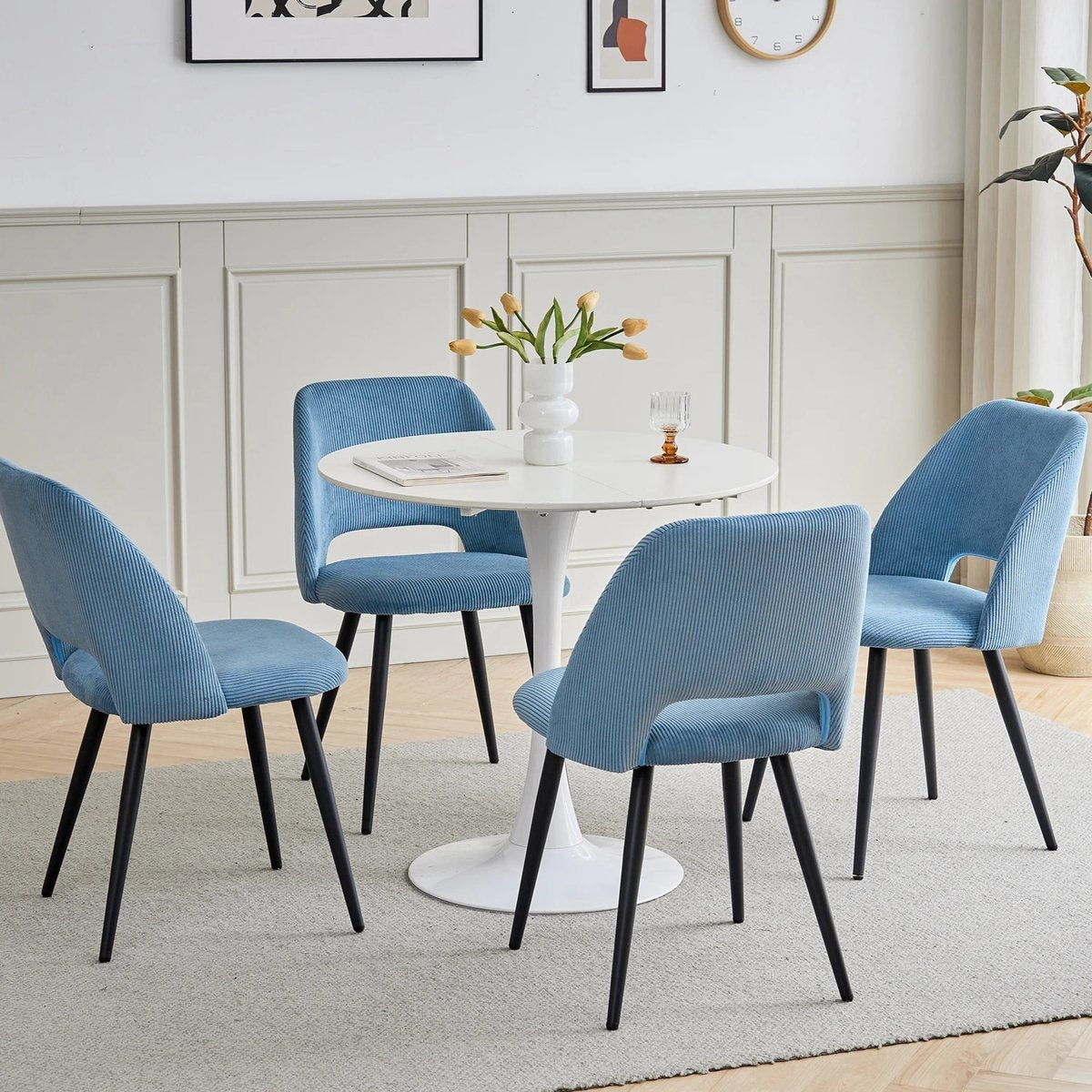 Set van 4 Corduroy Eetkamerstoelen – Blauwe Gestoffeerde Stoelen met Ergonomisch Comfort