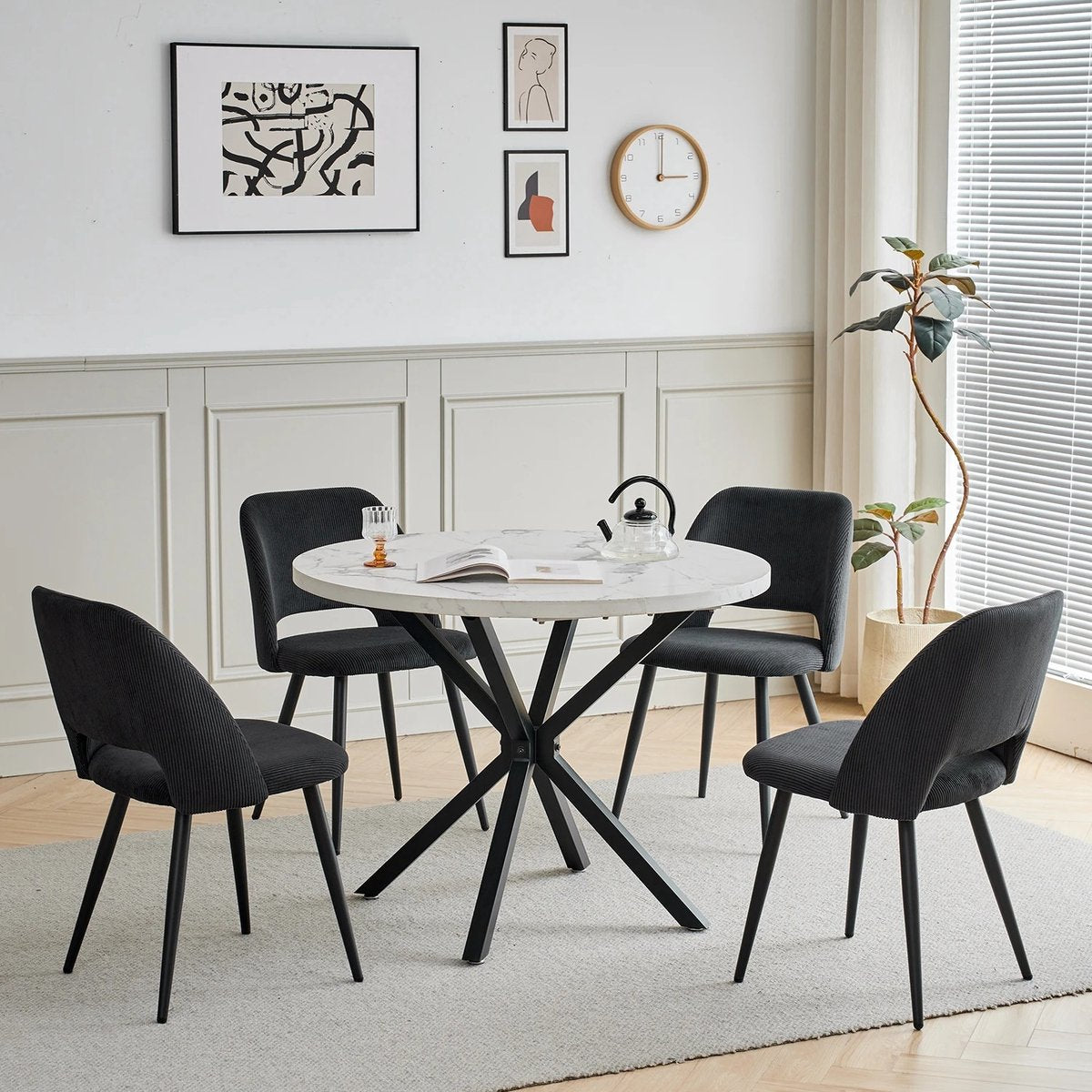 Set van 4 Corduroy Eetkamerstoelen – Zwarte Gestoffeerde Stoelen met Ergonomisch Comfort