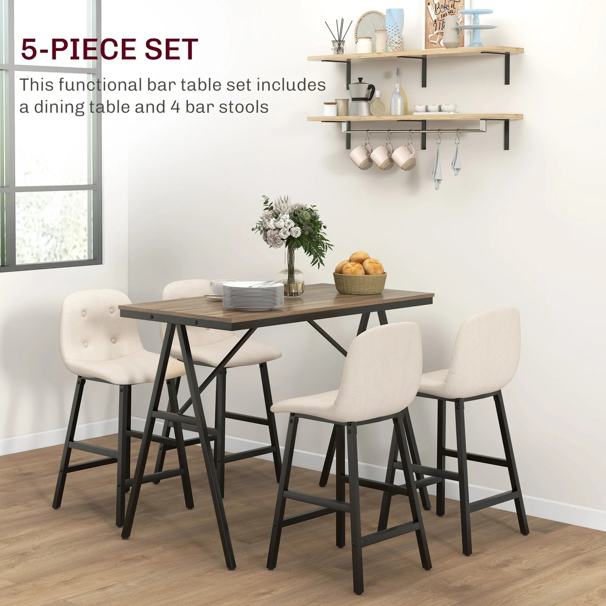 5-delige Bartafelset met Barkrukken – Moderne Eetset – Beige