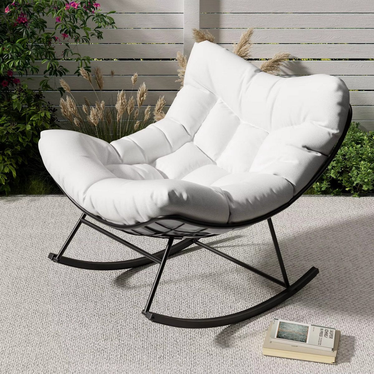 Papasan Schommelstoel voor Buiten met Kussen – Grote Rotan Loungestoel met Metalen Frame voor Tuin, Balkon & Veranda