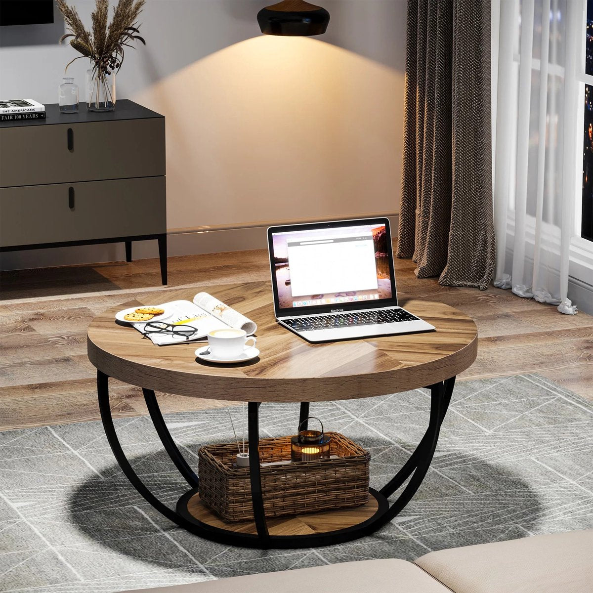 Ronde Industriële Salontafel – Hout & Metaal – 2-laags Opbergtable (80×44 cm)