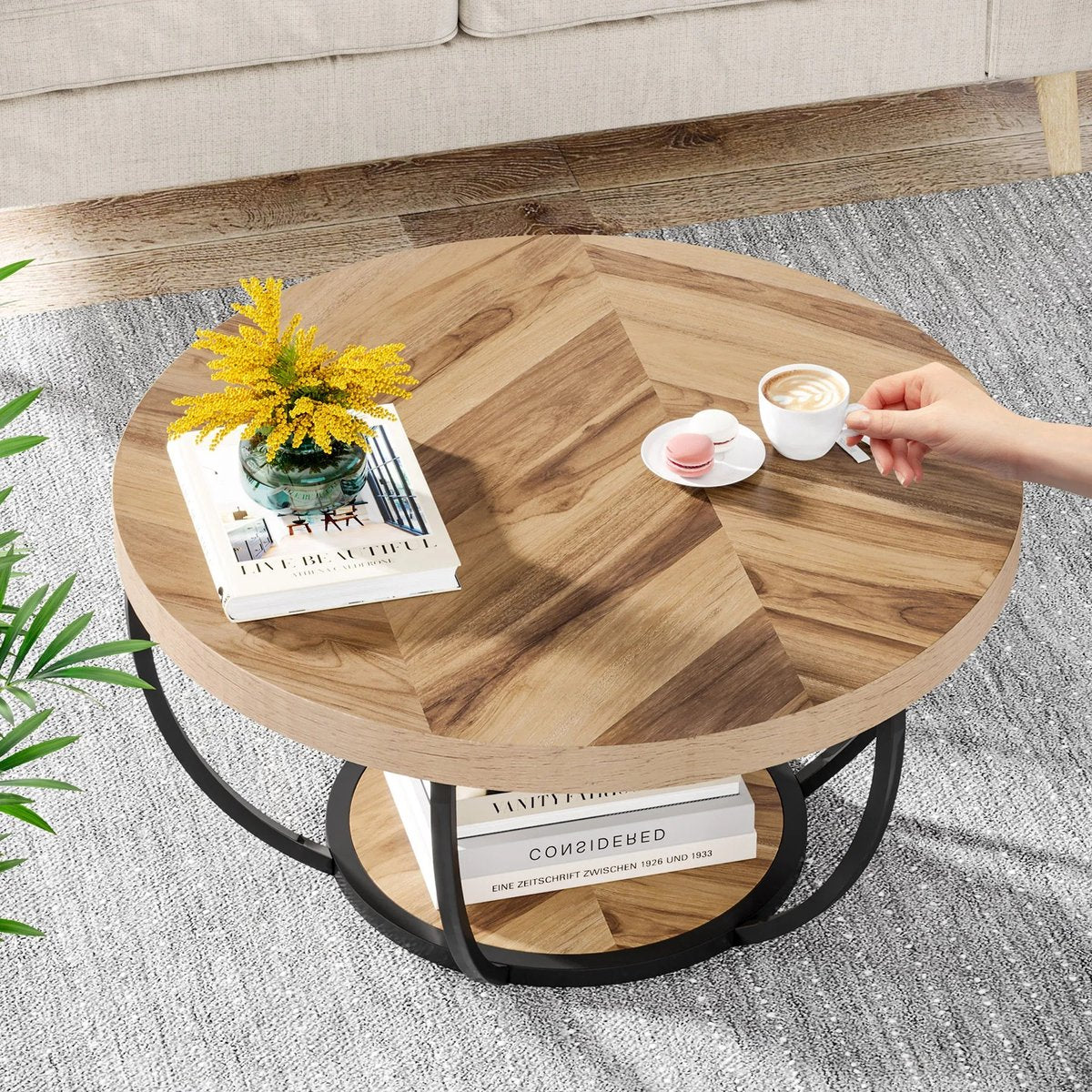 Ronde Industriële Salontafel – Hout & Metaal – 2-laags Opbergtable (80×44 cm)