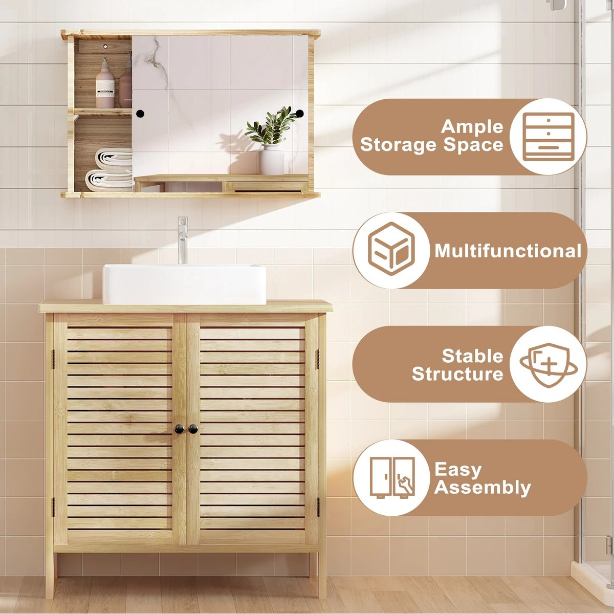 Whoopr Bamboe Badkamerkast 2 Deuren 60x30x60 cm Opbergruimte