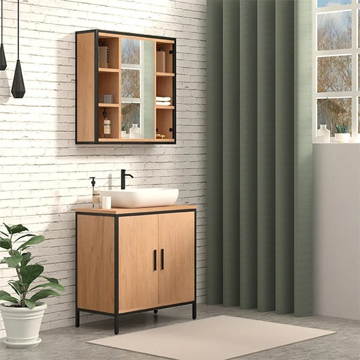 Whoopr Badkamermeubel met Spiegel, 6 Vakken & Plank Verstelb