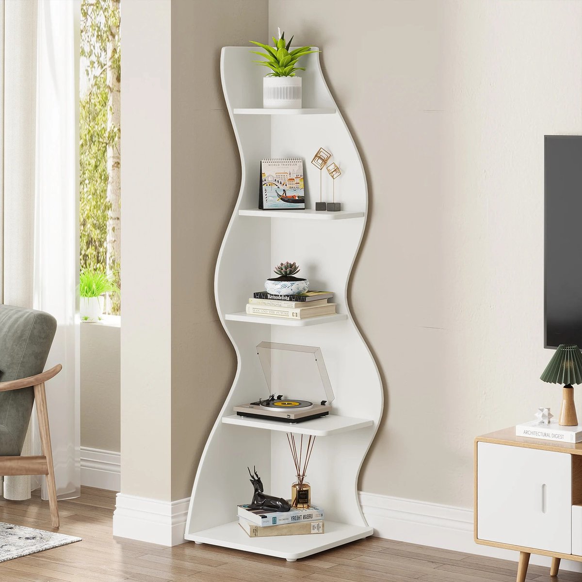 Moderne Hoekplank 5-Tier – Wandboekenkast & Opbergrek (50×47×177 cm)