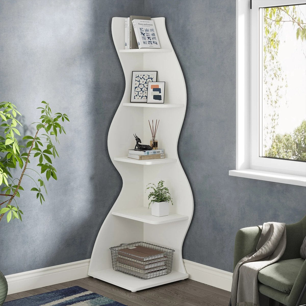 Moderne Hoekplank 5-Tier – Wandboekenkast & Opbergrek (50×47×177 cm)