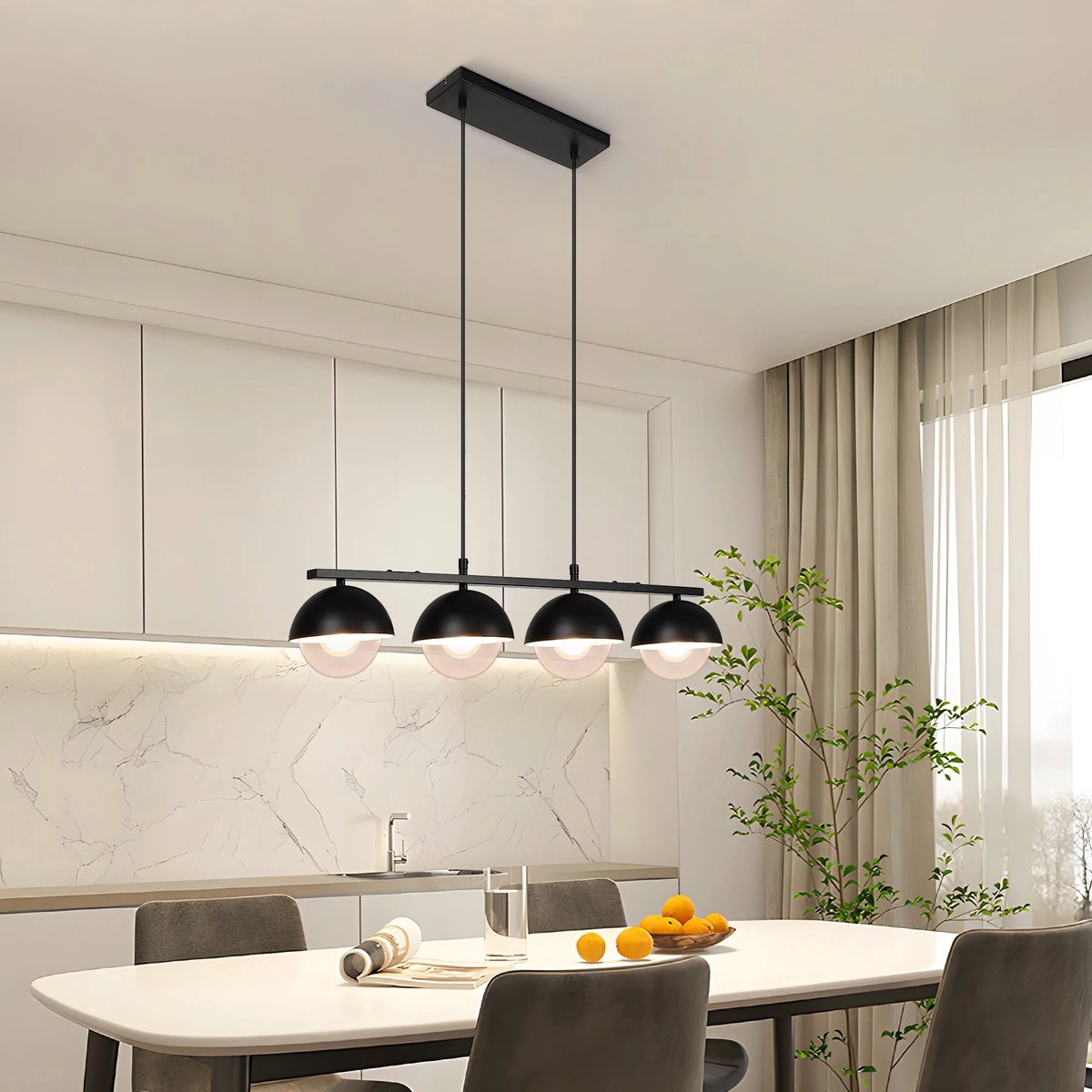 Hanglamp Eettafel – Zwarte Glazen Hanglamp met 4 Bollen (G9 Fitting)