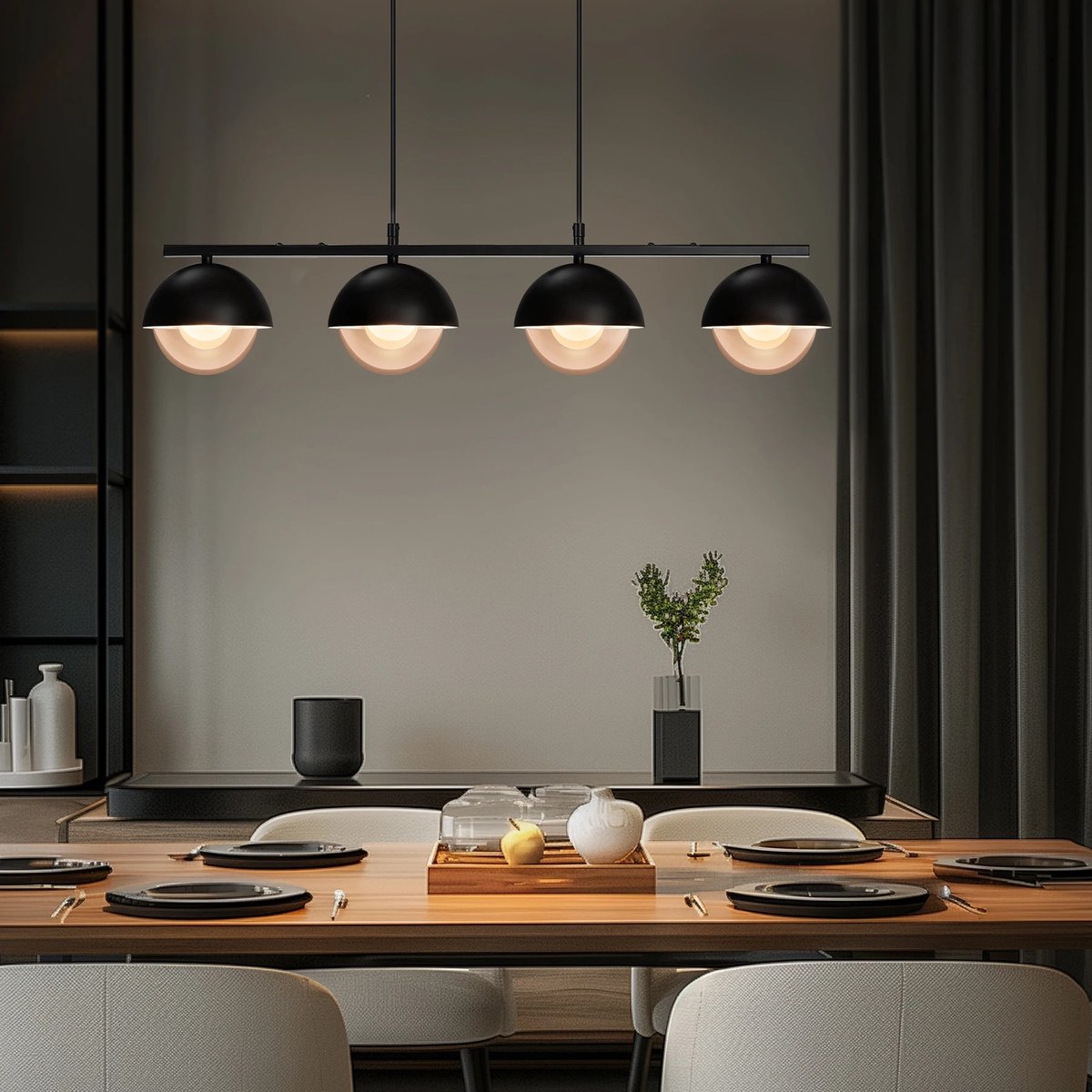 Hanglamp Eettafel – Zwarte Glazen Hanglamp met 4 Bollen (G9 Fitting)