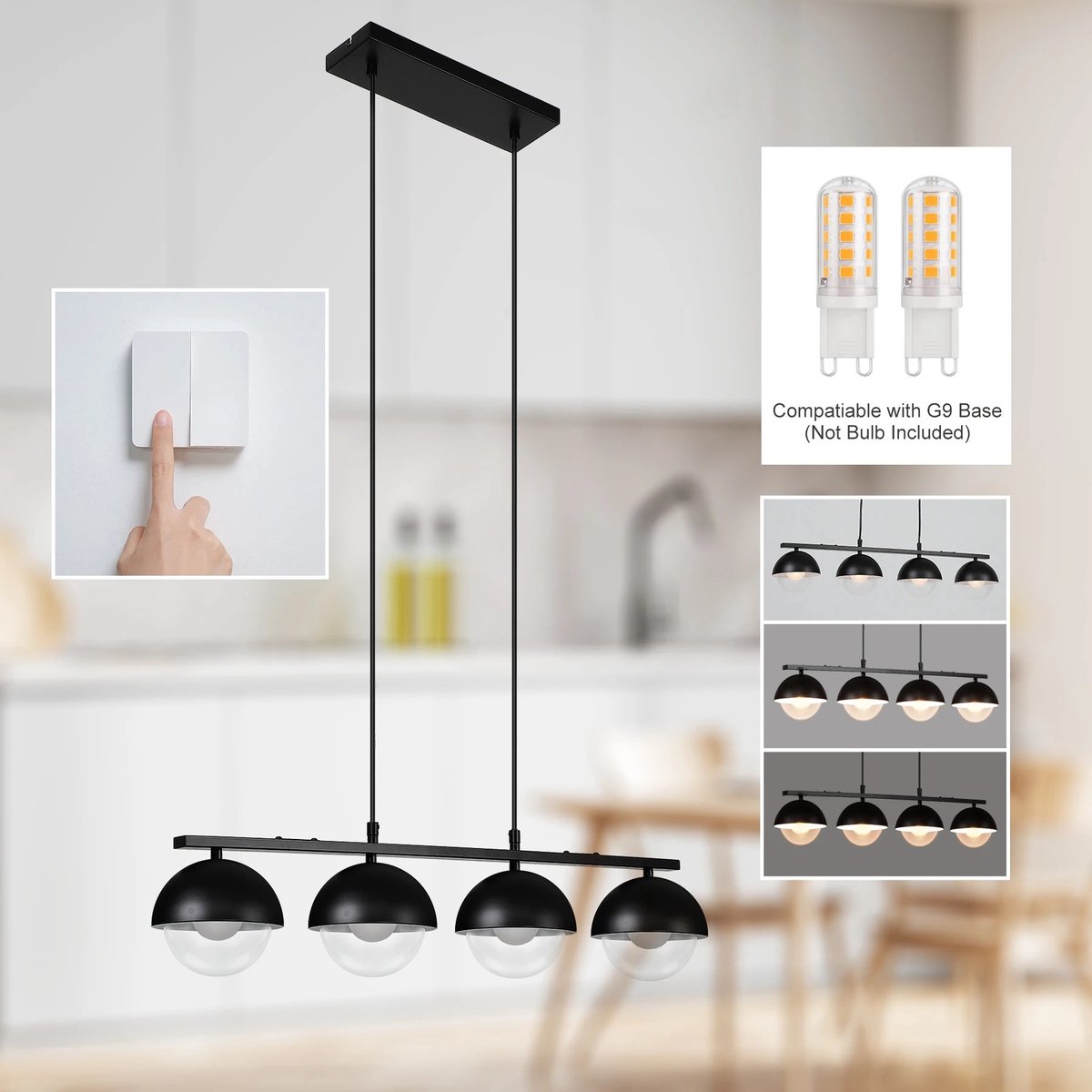 Hanglamp Eettafel – Zwarte Glazen Hanglamp met 4 Bollen (G9 Fitting)