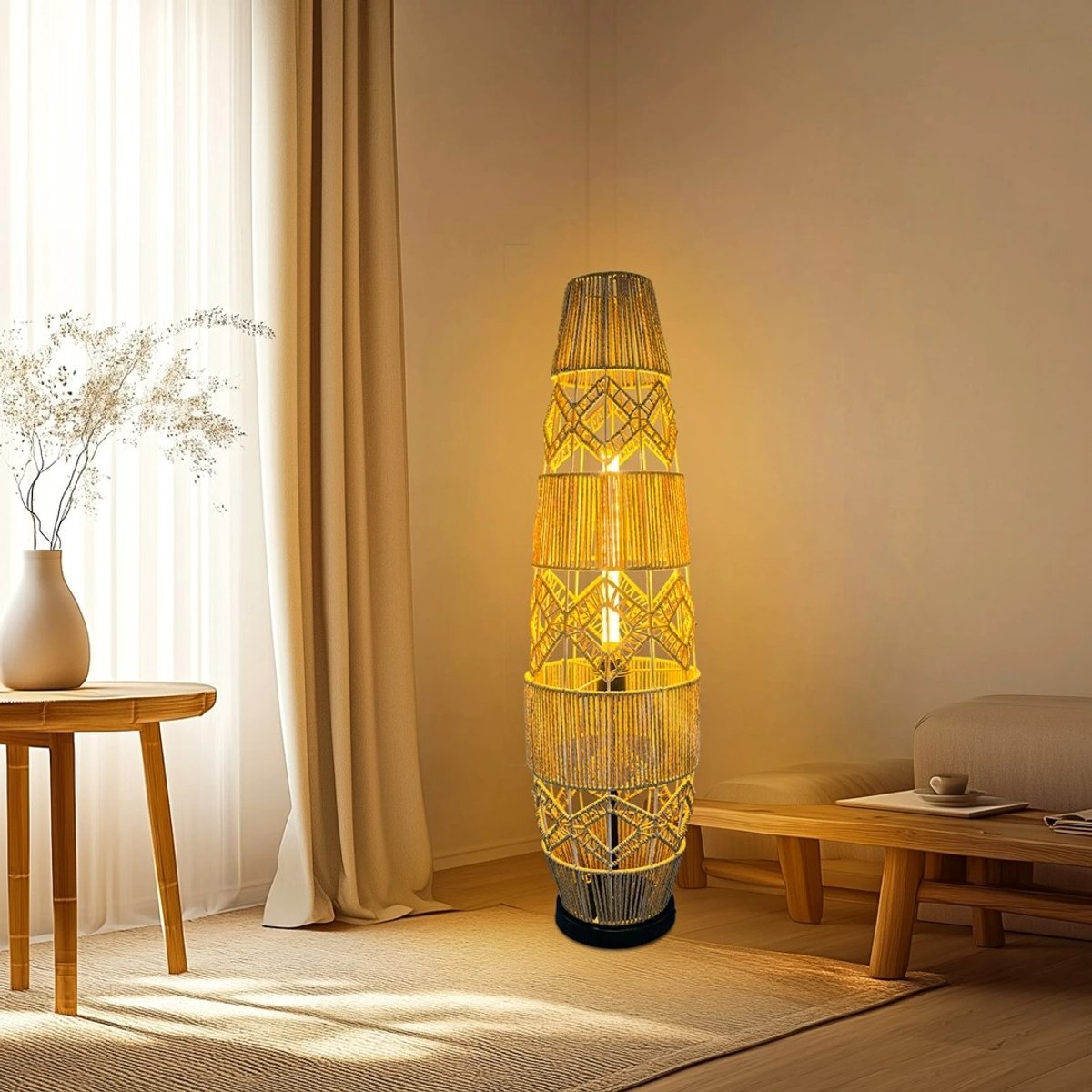Whoopr Boho Rotan Vloerlamp – Handgeweven LED Staande Lamp