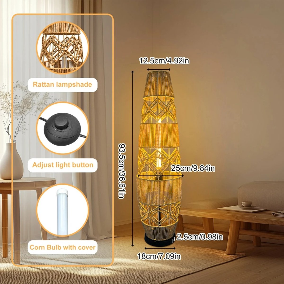 Whoopr Boho Rotan Vloerlamp – Handgeweven LED Staande Lamp