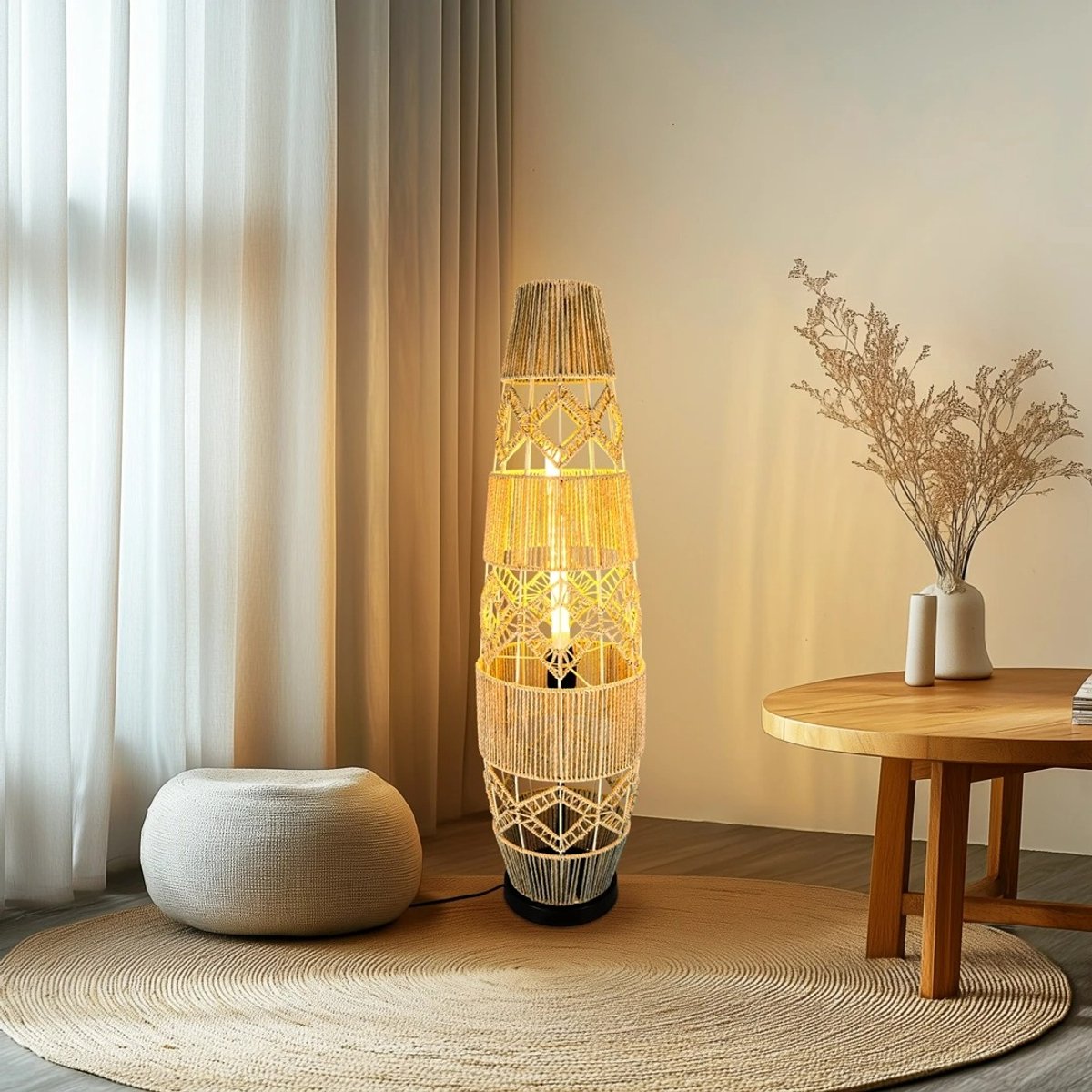 Whoopr Boho Rotan Vloerlamp – Handgeweven LED Staande Lamp