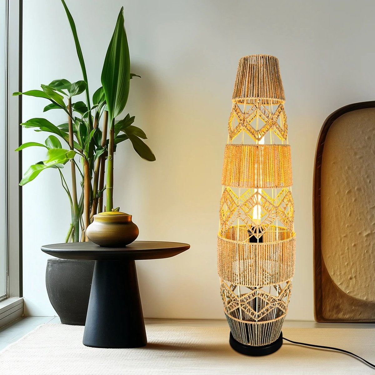 Whoopr Boho Rotan Vloerlamp – Handgeweven LED Staande Lamp