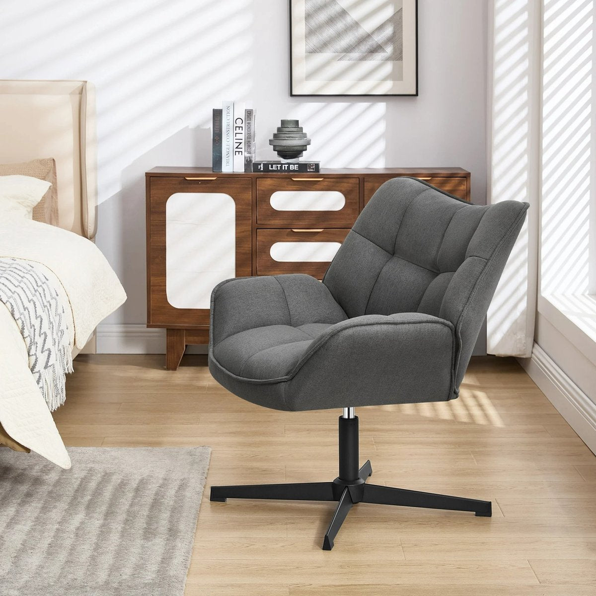 Linnen Fauteuil met Voetenbank – 360° Draaibare Loungefauteuil (Grijs)