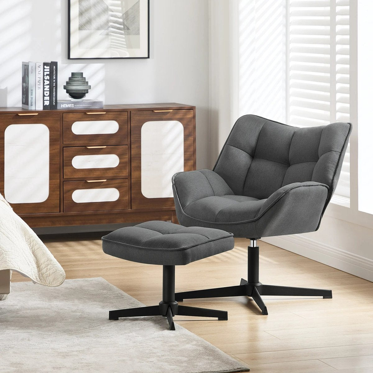 Linnen Fauteuil met Voetenbank – 360° Draaibare Loungefauteuil (Grijs)