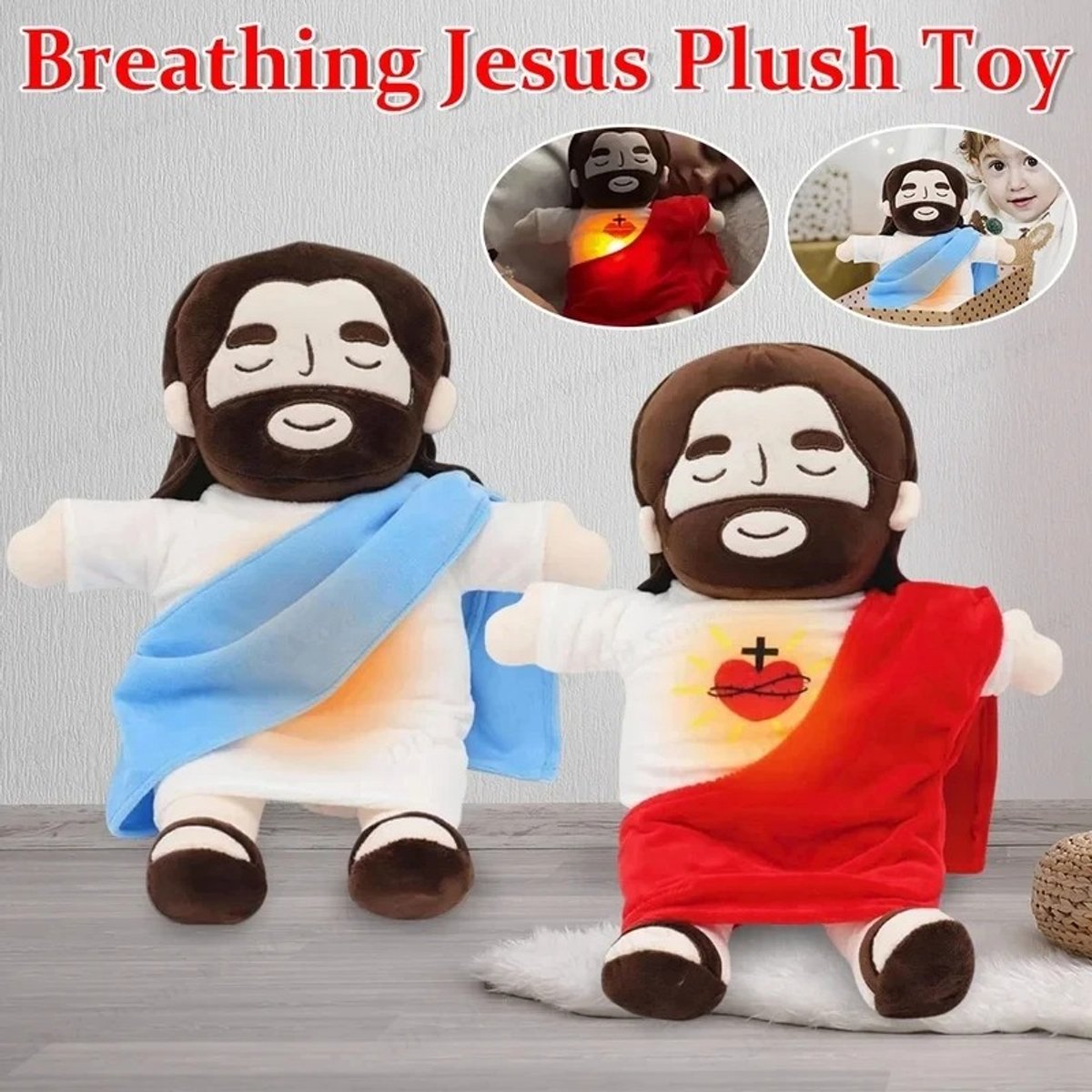 Jezus Pluche Knuffel met Lichtgevend & Ademend Hart – Voor Kinderen