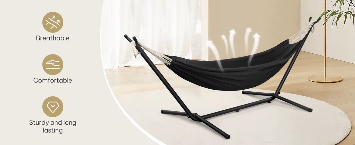 Hangmat met Standaard 280x106x100 cm – Metalen Frame – Inclusief Draagtas – Belastbaar tot 250 kg – Voor Binnen & Buiten