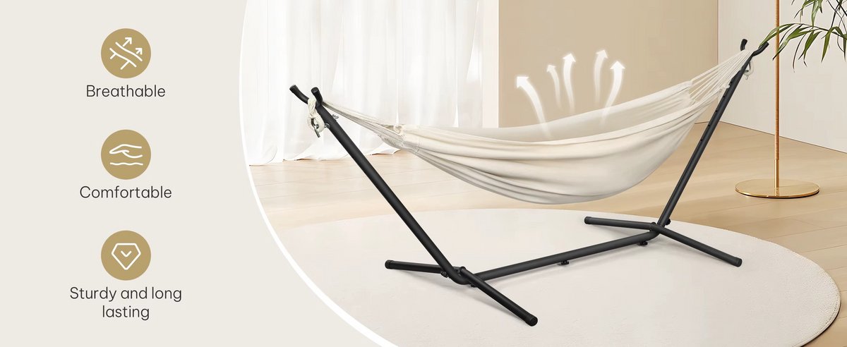 Hangmat met Standaard 280x106x100 cm – Metalen Frame – Inclusief Draagtas – Belastbaar tot 250 kg – Voor Binnen & Buiten