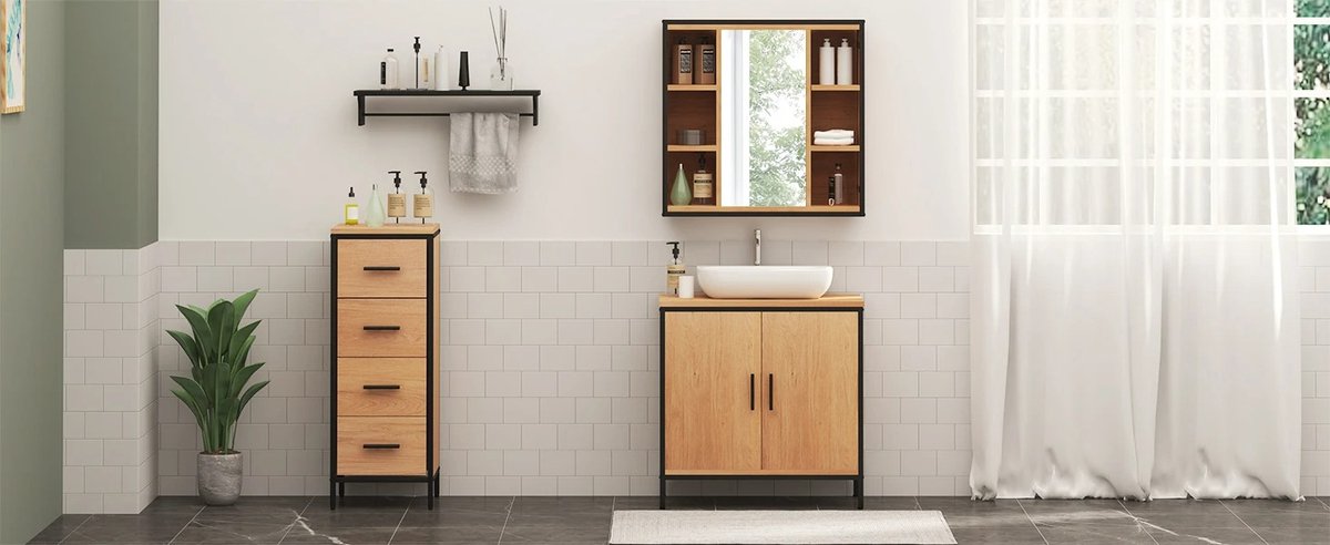 Whoopr Badkamermeubel met Spiegel, 6 Vakken & Plank Verstelb