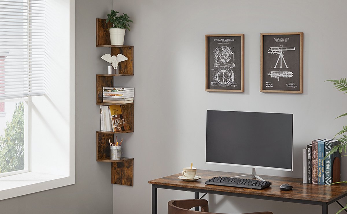 Hoekplank Wand – 5-Laags Zigzag Zwevende Boekenkast – Rustiek Bruin