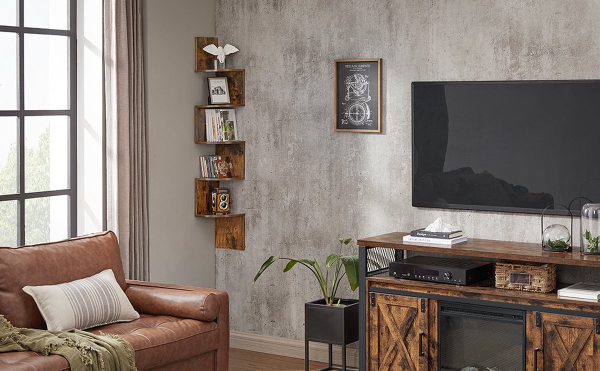 Hoekplank Wand – 5-Laags Zigzag Zwevende Boekenkast – Rustiek Bruin