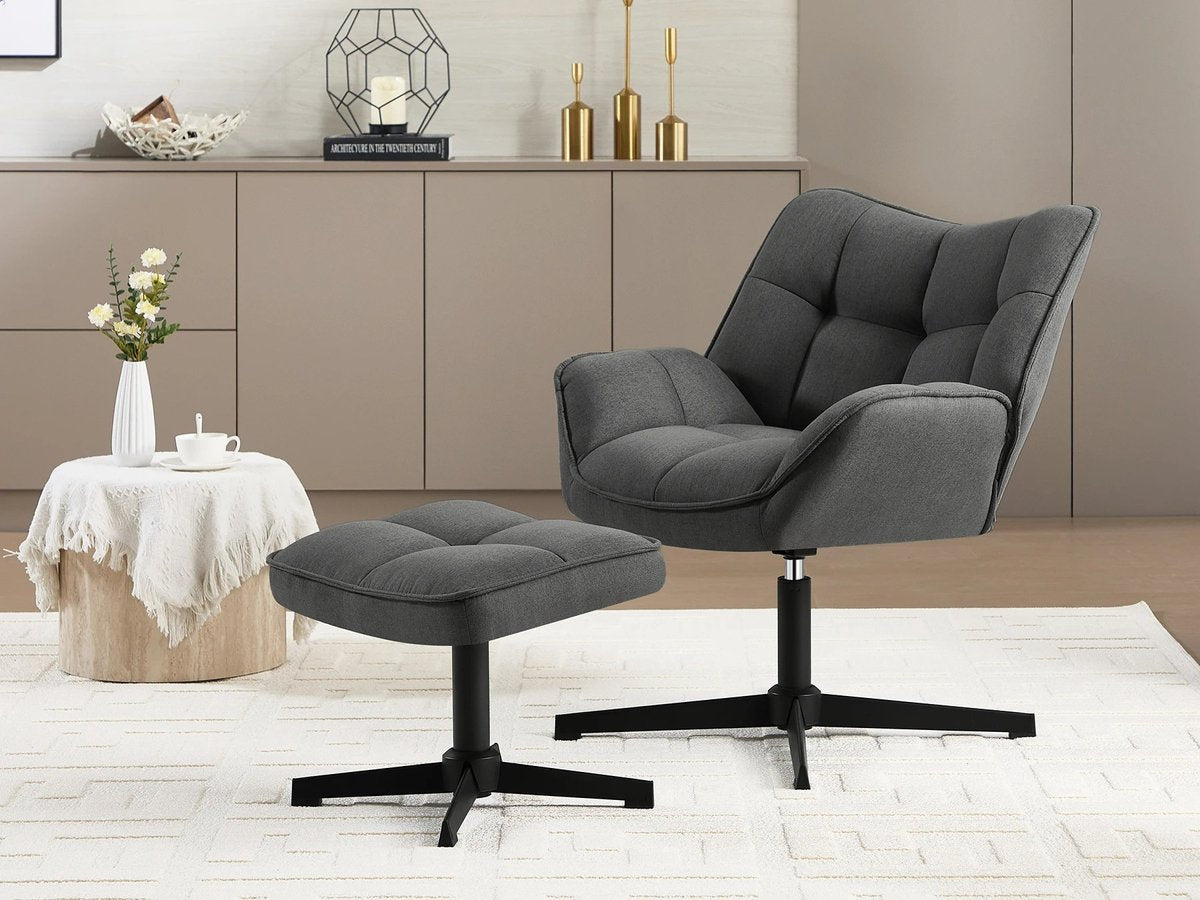 Linnen Fauteuil met Voetenbank – 360° Draaibare Loungefauteuil (Grijs)
