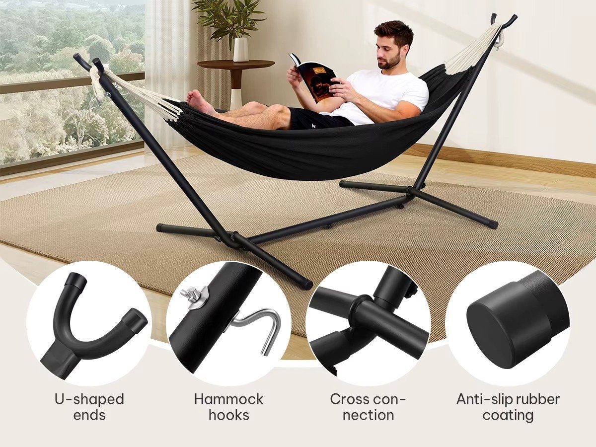 Hangmat met Standaard 280x106x100 cm – Metalen Frame – Inclusief Draagtas – Belastbaar tot 250 kg – Voor Binnen & Buiten