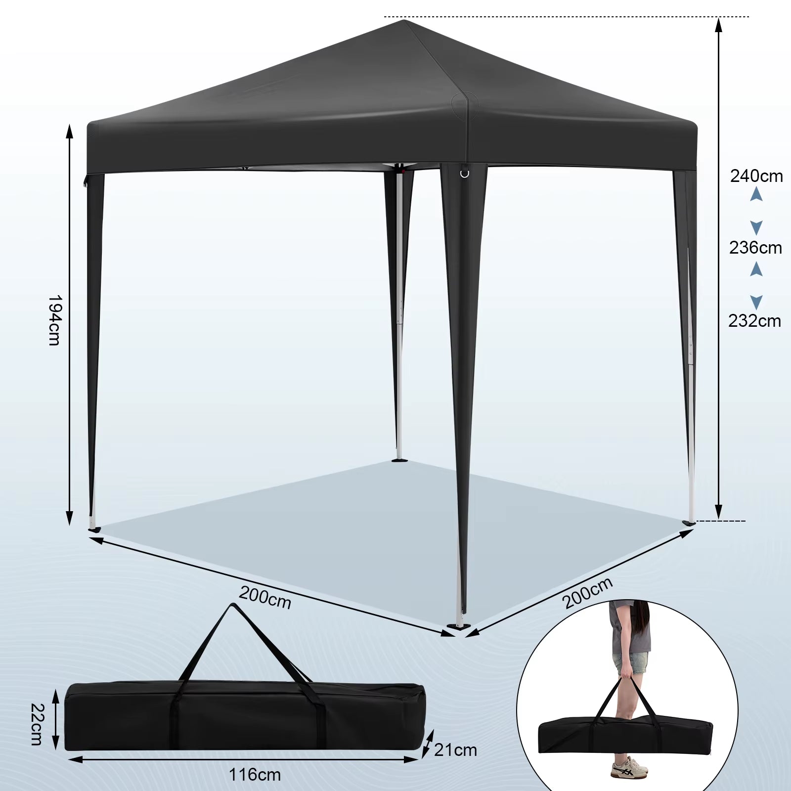 Folding Garden Gazebo Canopy Pergola 2X2M with 4 Side Walls Adjustable Height UV Protection Waterproof with Carry Bag