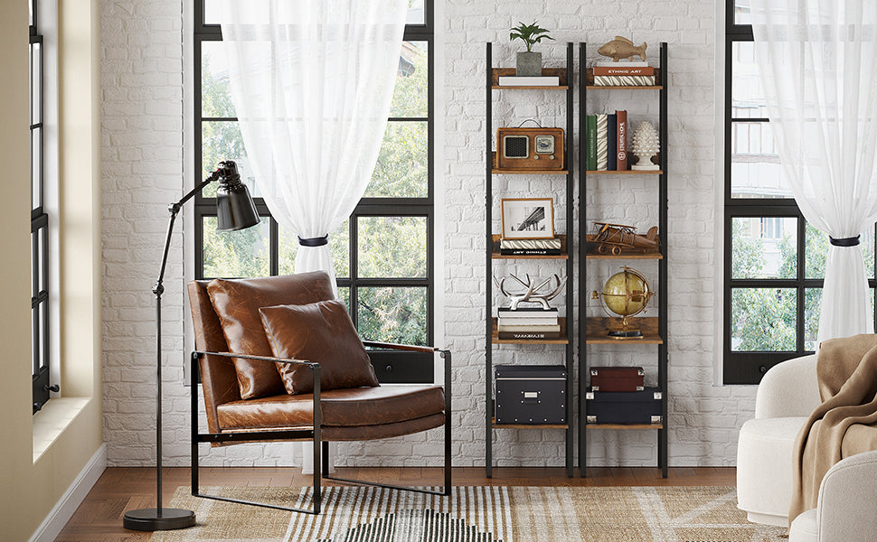 Industriële Boekenkast met 5 Planken – Smalle Open Kast van Metaal en Houtlook voor Woonkamer en Kantoor