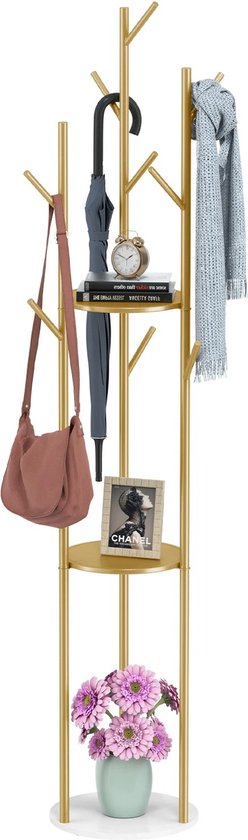 Eleganza Maison® - Gouden Metalen Kapstok - 9 Haken - 3 Opslag Planken - Marmeren afwerking - Kapstokken - Staand - Staande Kapstok van Staal - 31.7 x 172.5cm (LxH)