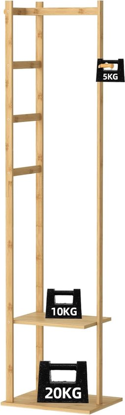 Kapstok van Bamboe - Vrijstaand Kledingrek - Garderobe met Kledingstang - 2 Planken - 3 Haken voor Kleding - Hoeden - Tassen - Hal - Entree - 38,2 x 30 x 155 cm