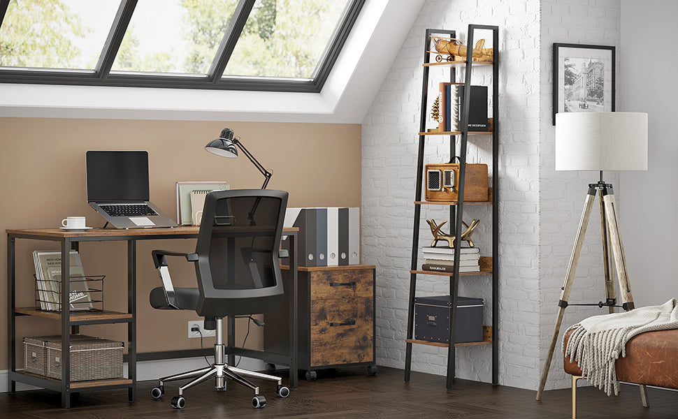 Industriële Boekenkast met 5 Planken – Smalle Open Kast van Metaal en Houtlook voor Woonkamer en Kantoor