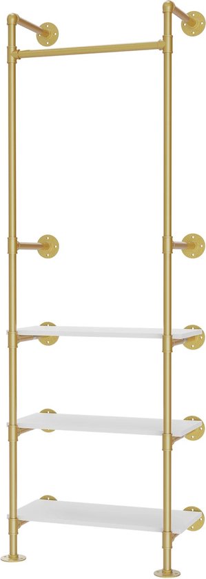 Industriële Pijp Kledingrek met Houten Legplanken – Rek - Vintage Wandrek met Pijpleiding - Gouden Afwerking - 178 cm Hoog