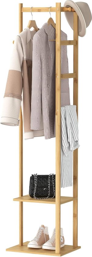 Kapstok van Bamboe - Vrijstaand Kledingrek - Garderobe met Kledingstang - 2 Planken - 3 Haken voor Kleding - Hoeden - Tassen - Hal - Entree - 38,2 x 30 x 155 cm